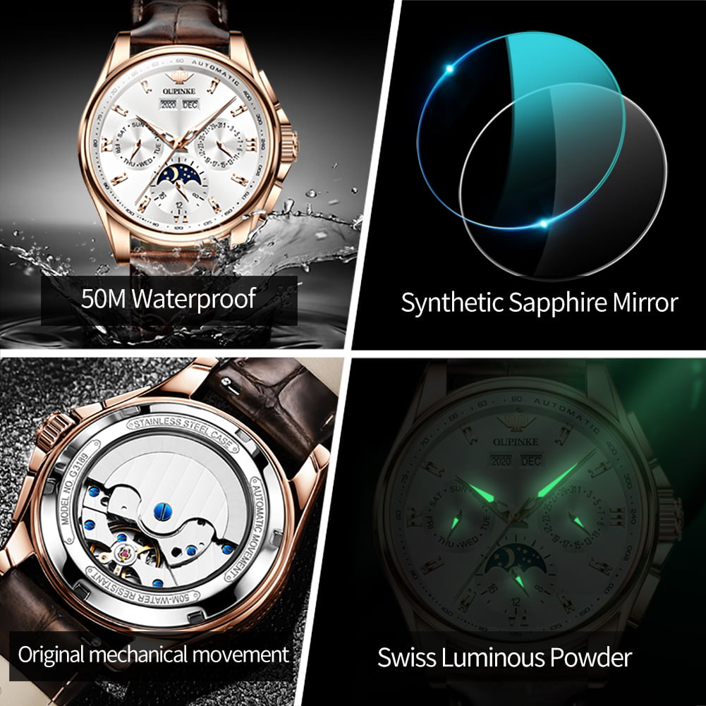 OUPINKE Automatic Watches for Mens, Self Winding Wrist Watch with Leather Strap Waterproof Moon Phase Sapphire Crystal Luxury Fashion Dress Reloj, Fathers Day Gifts, Male 3189B