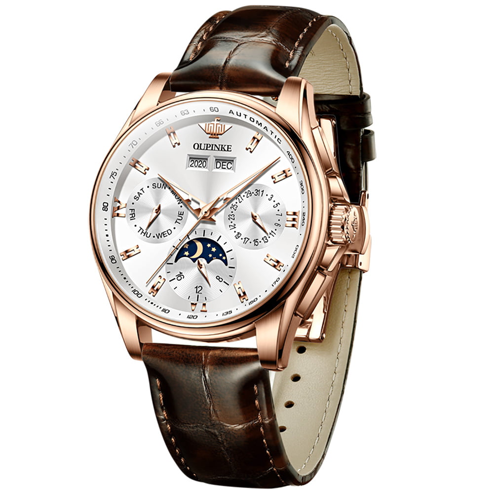 OUPINKE Automatic Watches for Mens, Self Winding Wrist Watch with Leather Strap Waterproof Moon Phase Sapphire Crystal Luxury Fashion Dress Reloj, Fathers Day Gifts, Male 3189B