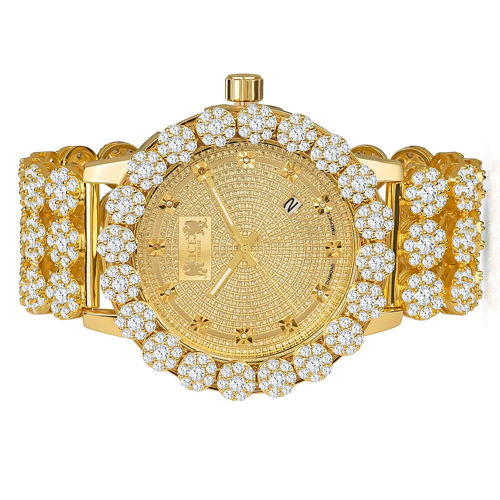 Mens Khronos Luxury Custom Watch Real Diamonds Dial Yellow Gold Tone Flower Bezel Band Iced Out W/Date