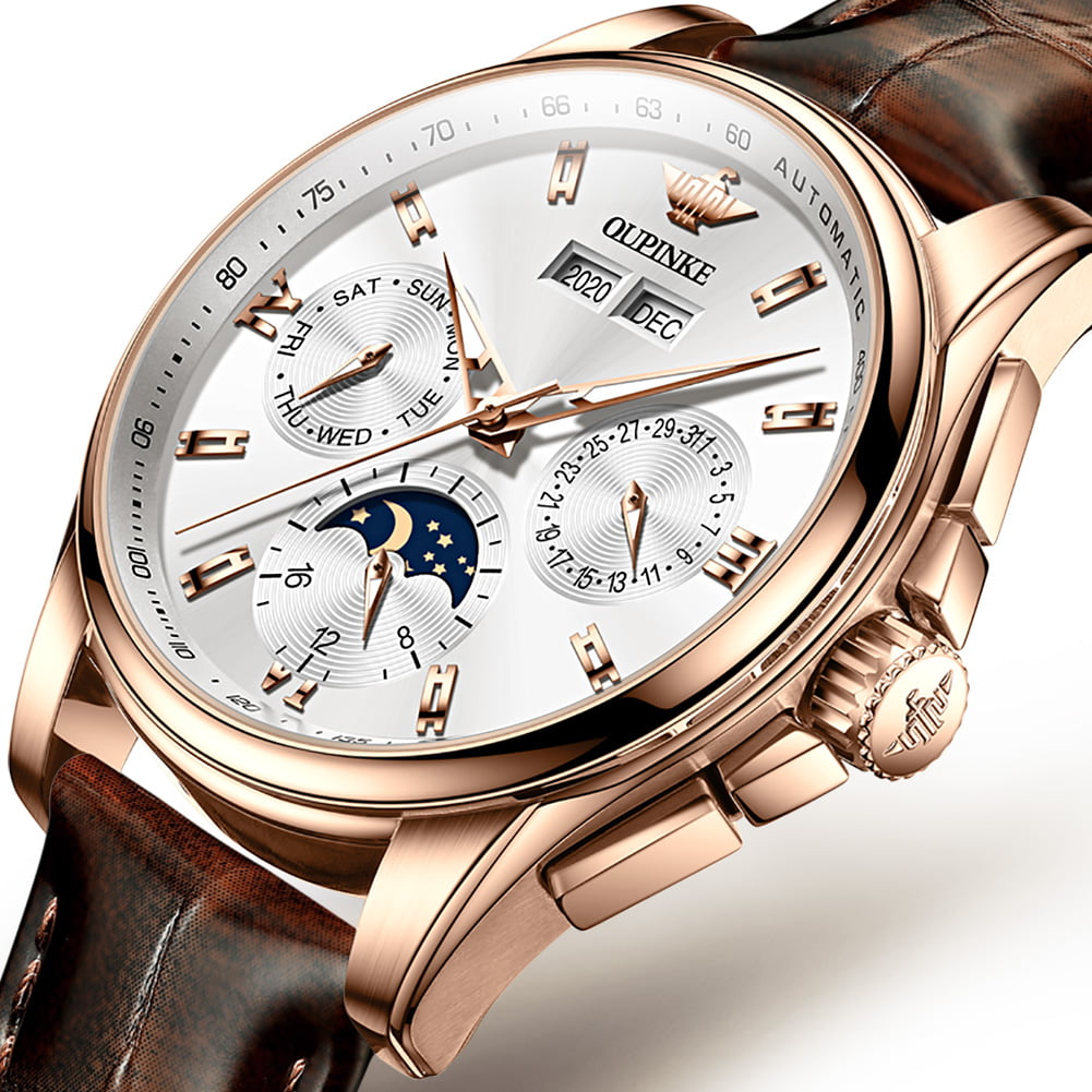 OUPINKE Automatic Watches for Mens, Self Winding Wrist Watch with Leather Strap Waterproof Moon Phase Sapphire Crystal Luxury Fashion Dress Reloj, Fathers Day Gifts, Male 3189B