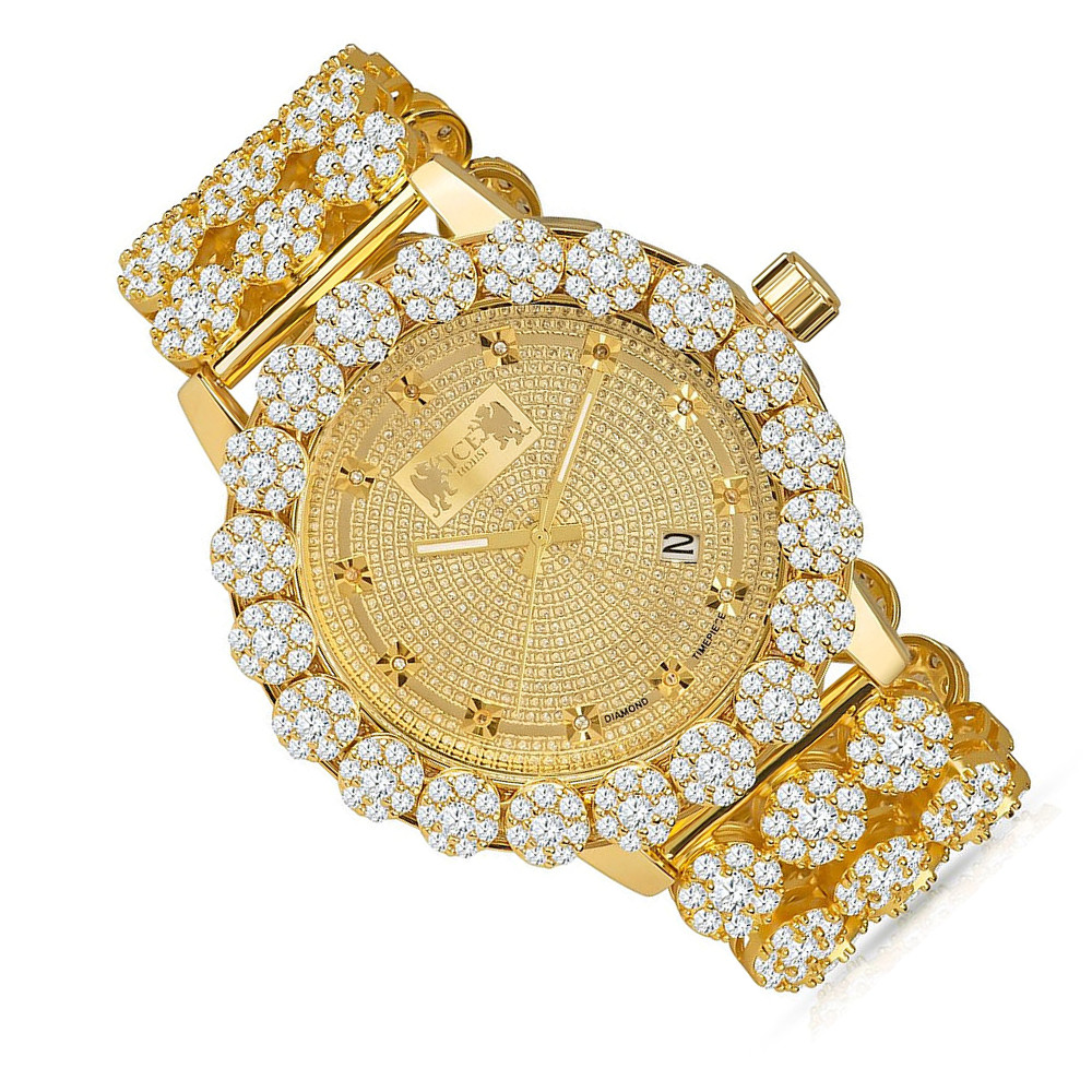 Mens Khronos Luxury Custom Watch Real Diamonds Dial Yellow Gold Tone Flower Bezel Band Iced Out W/Date