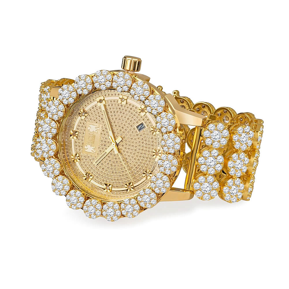 Mens Khronos Luxury Custom Watch Real Diamonds Dial Yellow Gold Tone Flower Bezel Band Iced Out W/Date