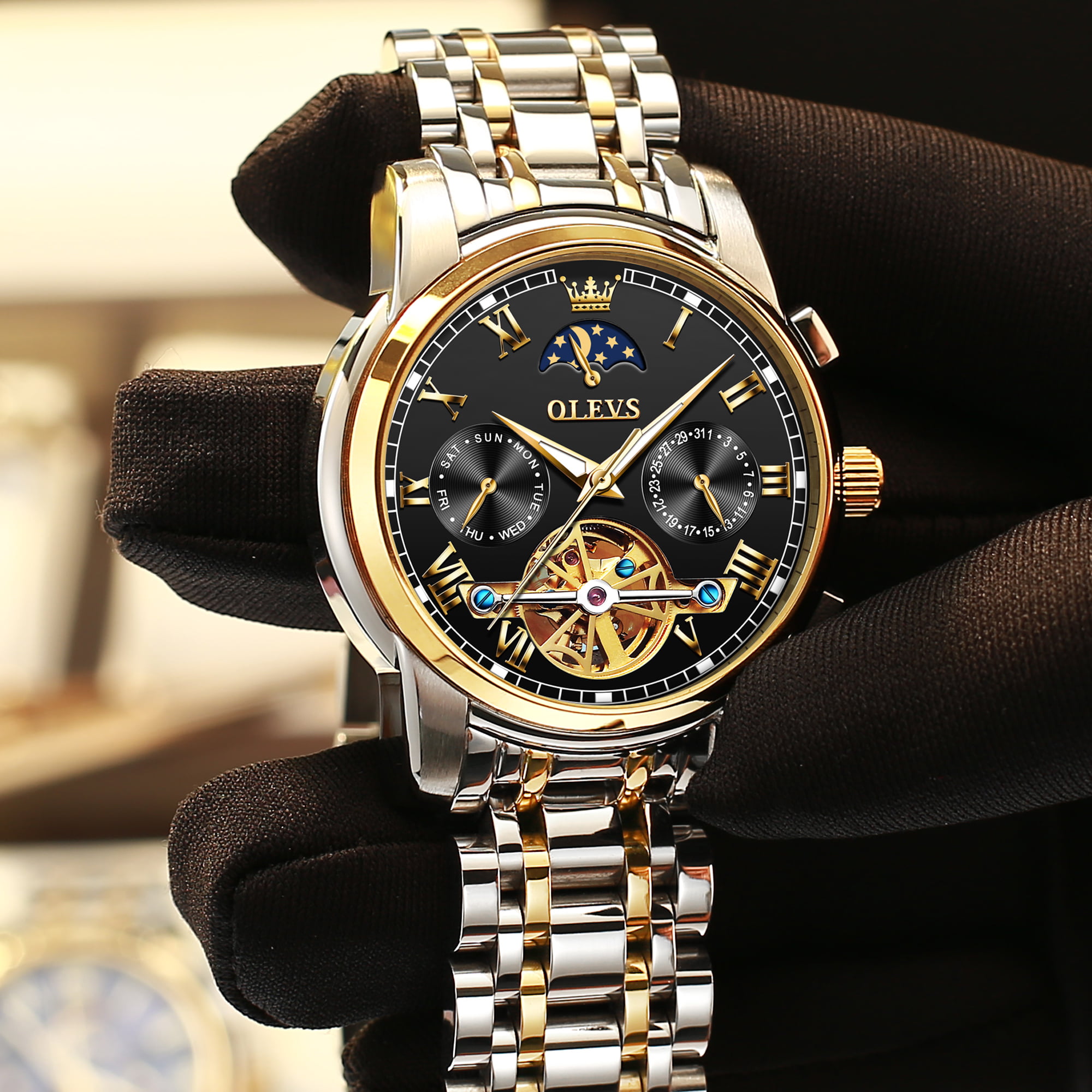 OLEVS Automatic Watches for Mens Skeleton Mechanical Self Winding Luxury Dress Mens Watches Moon Phase Day Date Waterproof Luminous, Fathers Day Gifts, Male 6617C