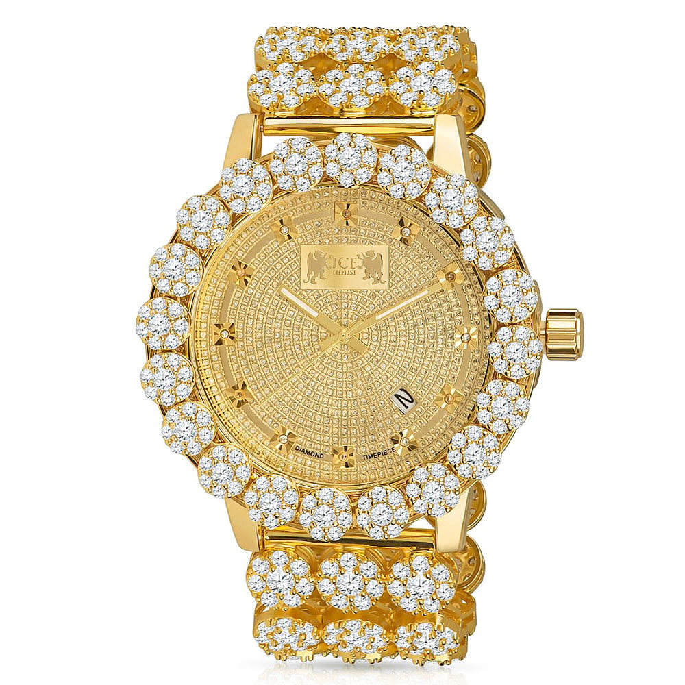 Mens Khronos Luxury Custom Watch Real Diamonds Dial Yellow Gold Tone Flower Bezel Band Iced Out W/Date