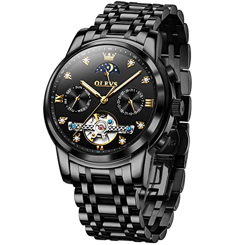 OLEVS Men Automatic Watch Black Watch Skeleton Luxury Dress Stainless Steel Strap 5 Hands Moon Phase Diamond Men Wrist Watches
