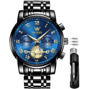 OLEVS Men’s Watch Quality Analog Quartz Stainless Steel Waterproof Chronograph Luminous Business Casual Black Band Blue Dial Luxury Dress Big Face Wrist Watches