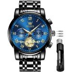 OLEVS Men’s Watch Quality Analog Quartz Stainless Steel Waterproof Chronograph Luminous Business Casual Black Band Blue Dial Luxury Dress Big Face Wrist Watches