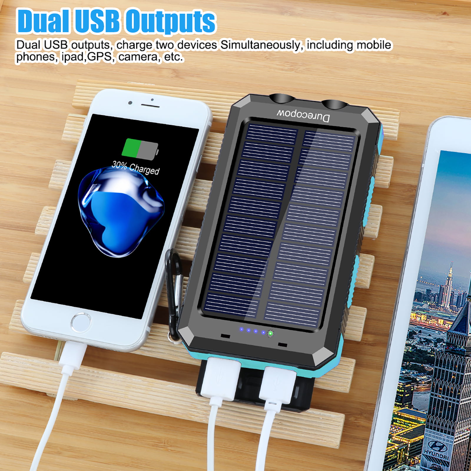 Solar Power Bank with Dual USB Ports, LED Light