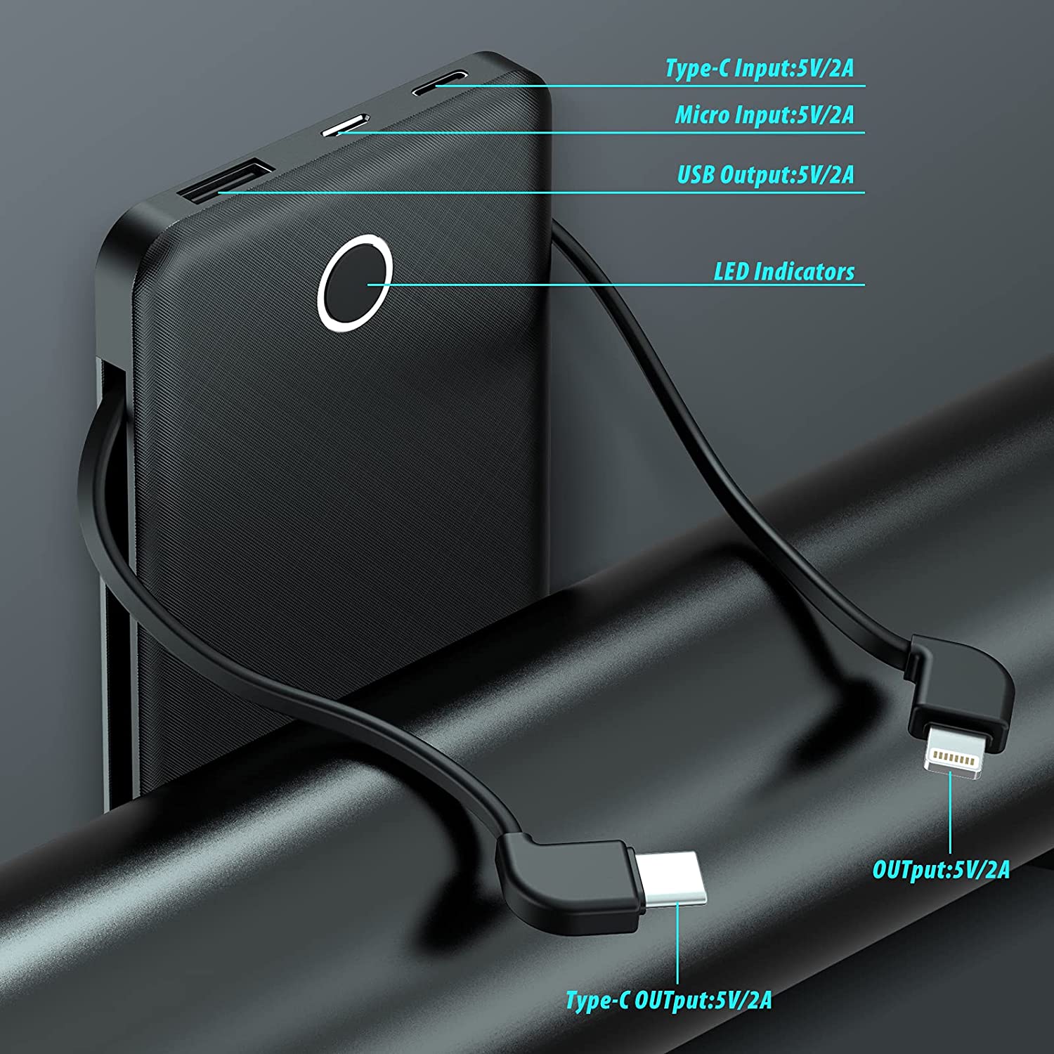 Mini Power Bank with Built-In Cable - Black