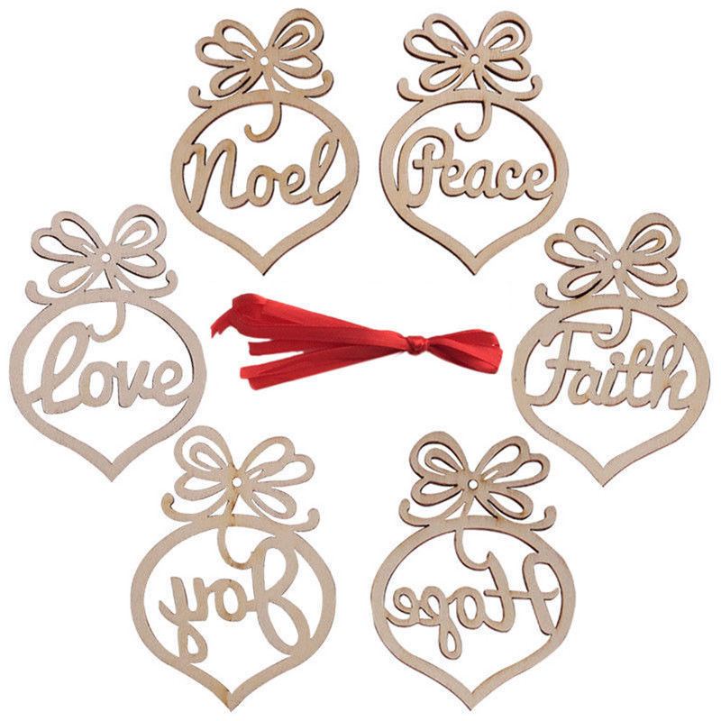 Wooden Xmas Tree Decorations - Set of 6