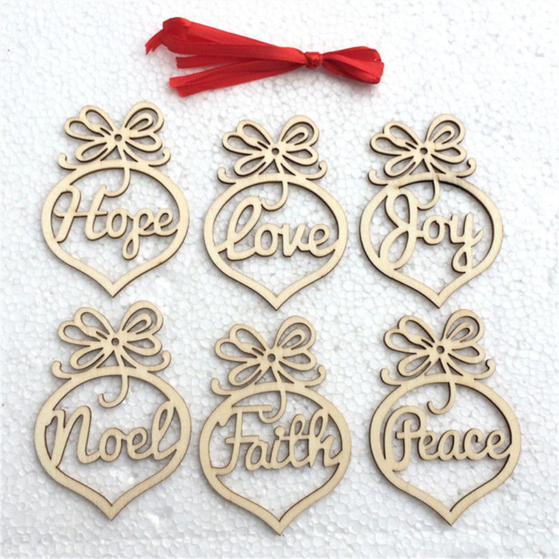 Wooden Xmas Tree Decorations - Set of 6