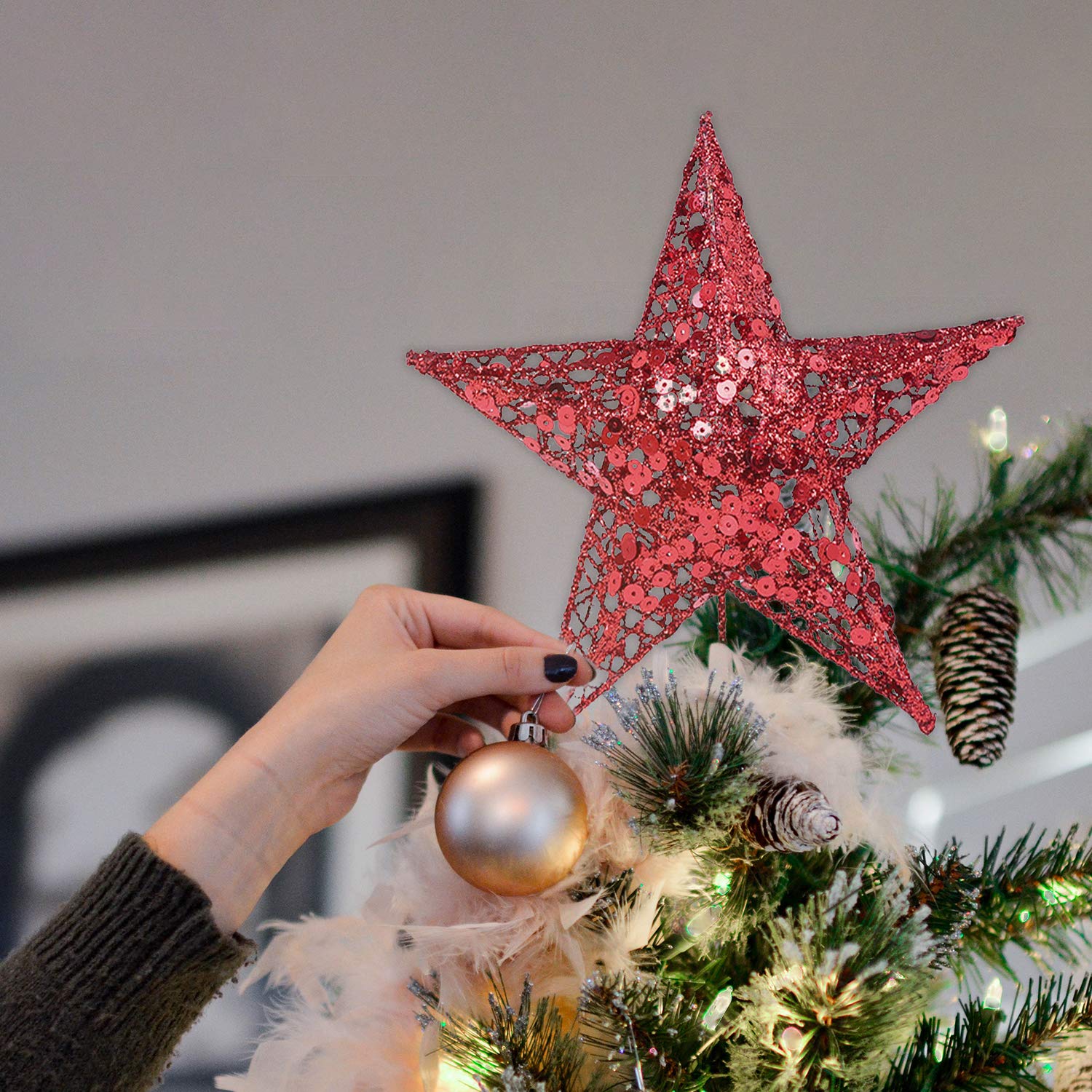 Glittered Christmas Tree Star Topper - Red