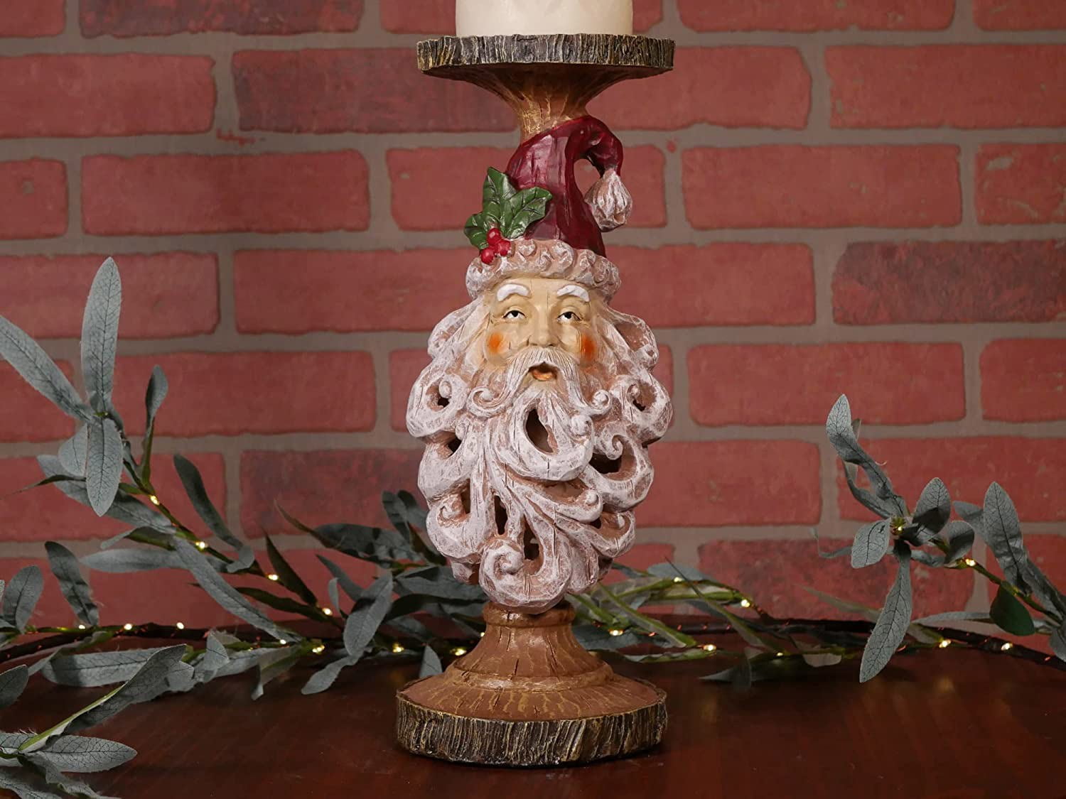 Santa Head Carved Wood-Look Candle Holder