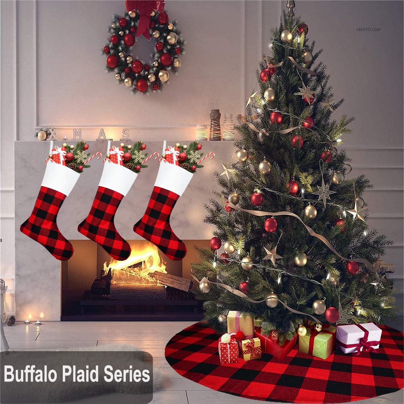 Buffalo Plaid Fireplace Hanging Christmas Stockings