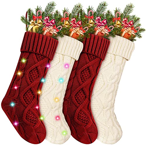 LED Knitted Christmas Stockings, 4-Pack (Red/White)