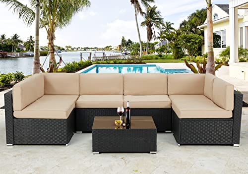 Black Rattan Wicker Outdoor Patio Set with Khaki Cushions
