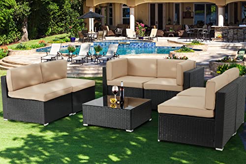 Black Rattan Wicker Outdoor Patio Set with Khaki Cushions