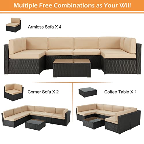 Black Rattan Wicker Outdoor Patio Set with Khaki Cushions