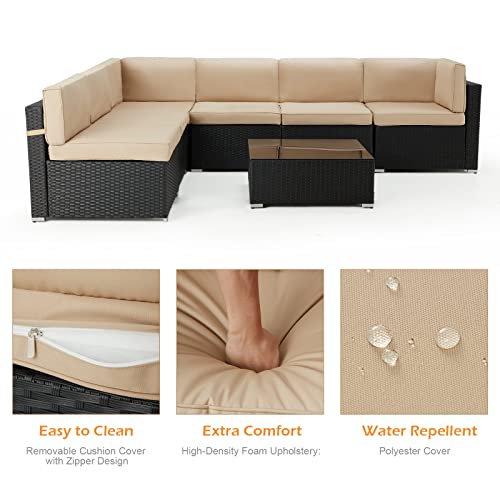 Black Rattan Wicker Outdoor Patio Set with Khaki Cushions