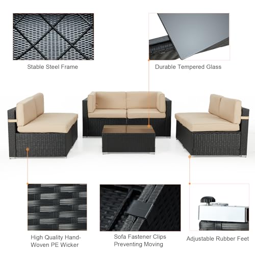 Black Rattan Wicker Outdoor Patio Set with Khaki Cushions