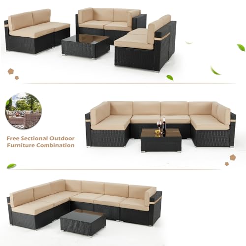 Black Rattan Wicker Outdoor Patio Set with Khaki Cushions