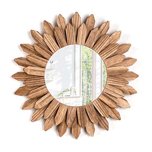 12" Rustic Wood Sunburst Boho Wall Mirror Decor