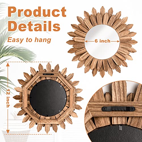 12" Rustic Wood Sunburst Boho Wall Mirror Decor