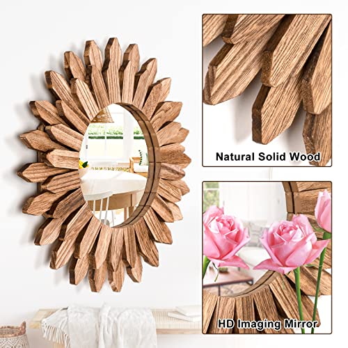 12" Rustic Wood Sunburst Boho Wall Mirror Decor