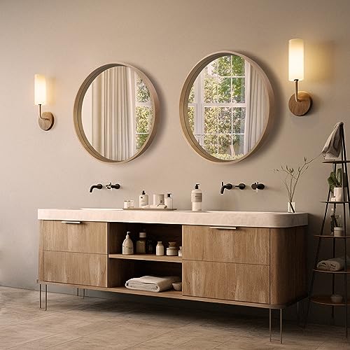 24 inch Round Wood Mirror for Bathroom and Entryway
