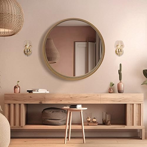 24 inch Round Wood Mirror for Bathroom and Entryway