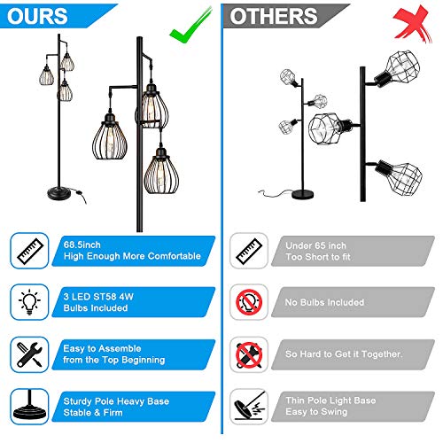 Vintage Industrial Tree Floor Lamp with Teardrop Cage Heads
