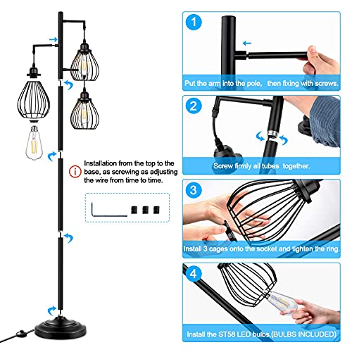 Vintage Industrial Tree Floor Lamp with Teardrop Cage Heads