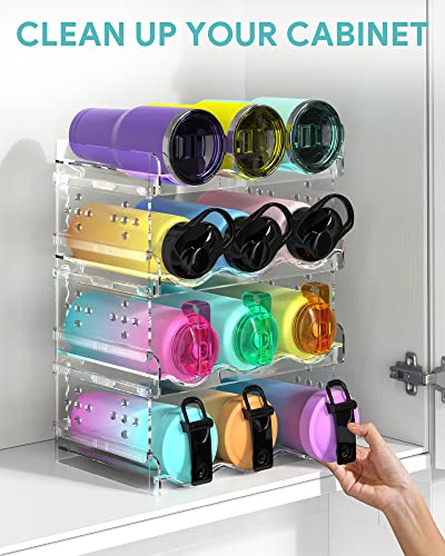 Clear Plastic Water Bottle Organizer Set - Stackable Cup Holder for Cabinet, Countertop, Pantry, Fridge