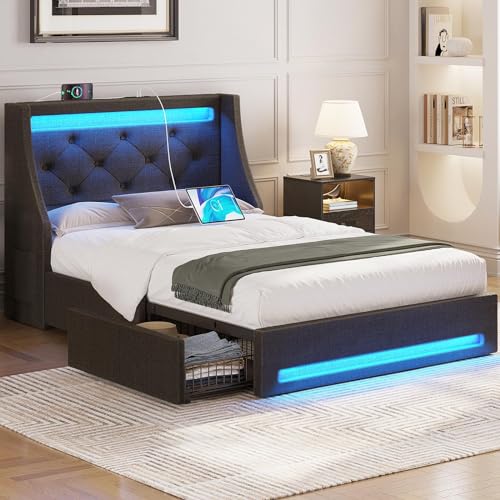 Rolanstar Twin Bed Frame with LED Lights and Charging Station