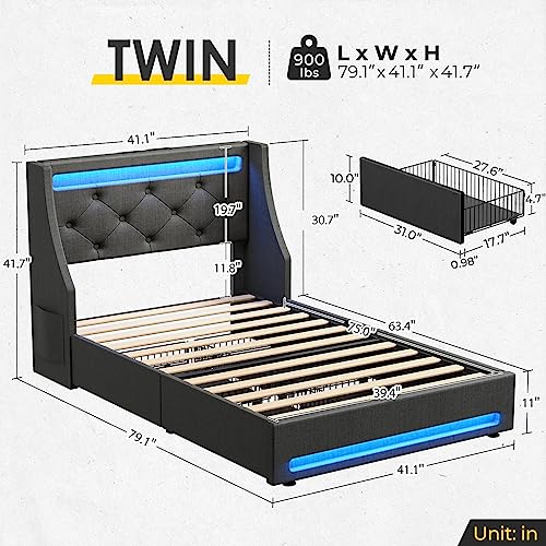 Rolanstar Twin Bed Frame with LED Lights and Charging Station