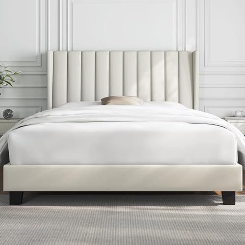 Yaheetech Upholstered Platform Bed with Fabric Headboard, Beige