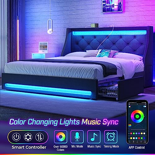 Rolanstar Twin Bed Frame with LED Lights and Charging Station