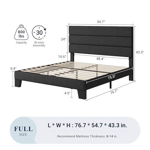 Full Size Platform Bed Frame with Fabric Upholstered Headboard - Dark Grey