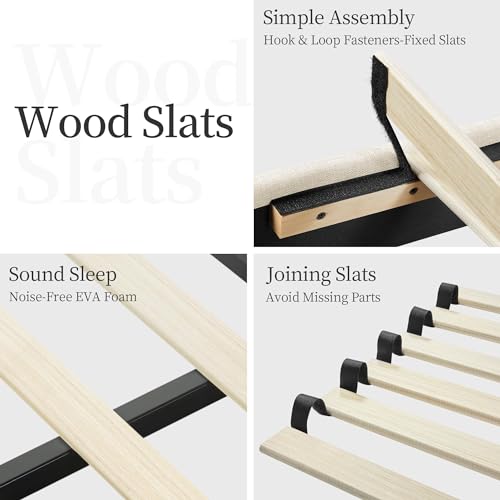 Yaheetech Upholstered Platform Bed with Fabric Headboard, Beige