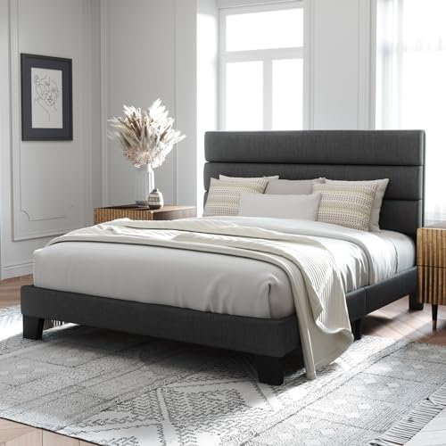 Full Size Platform Bed Frame with Fabric Upholstered Headboard - Dark Grey