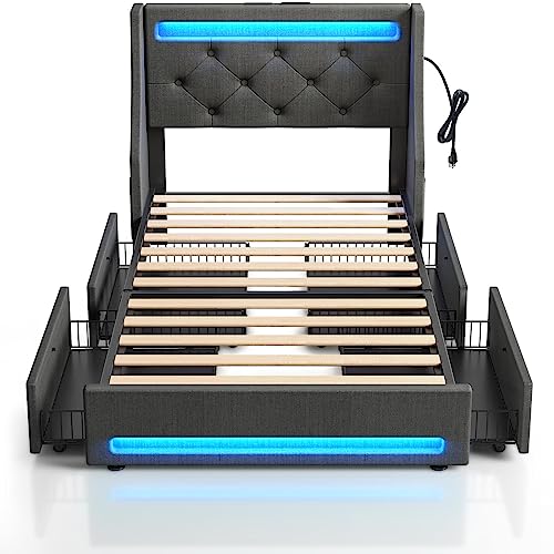 Rolanstar Twin Bed Frame with LED Lights and Charging Station