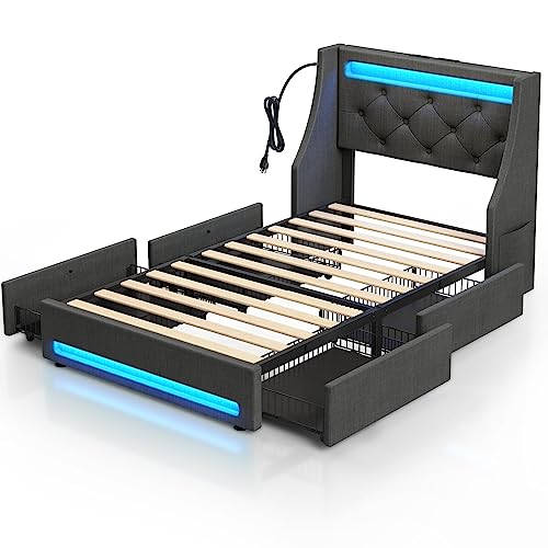 Rolanstar Twin Bed Frame with LED Lights and Charging Station