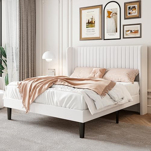 White Velvet Queen Bed Frame with Wingback Headboard