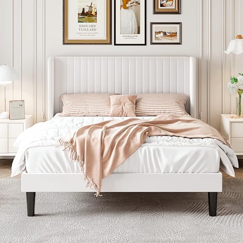 White Velvet Queen Bed Frame with Wingback Headboard