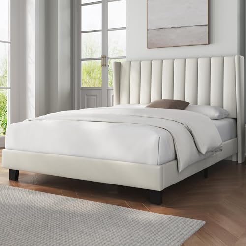 Yaheetech Upholstered Platform Bed with Wing Headboard