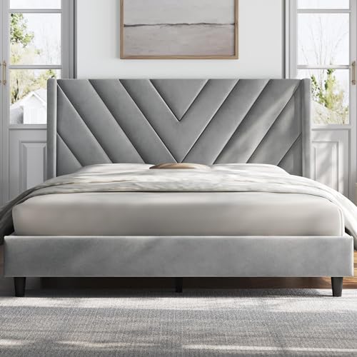 Yaheetech Upholstered Platform Bed with Winged Headboard - Light Gray