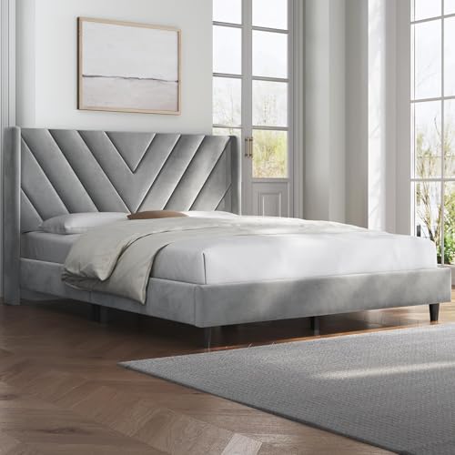 Yaheetech Upholstered Platform Bed with Winged Headboard - Light Gray