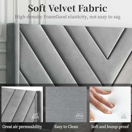 Yaheetech Upholstered Platform Bed with Winged Headboard - Light Gray