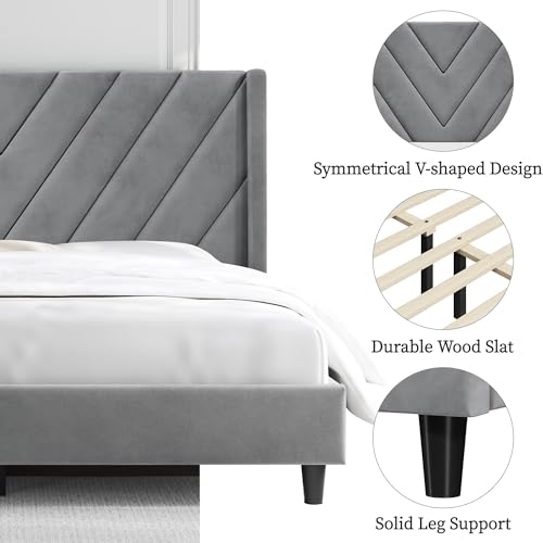Yaheetech Upholstered Platform Bed with Winged Headboard - Light Gray