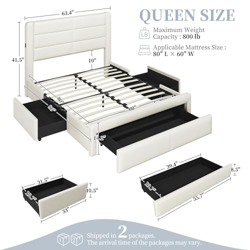 Beige Queen Bed Frame with USB Charging, Storage